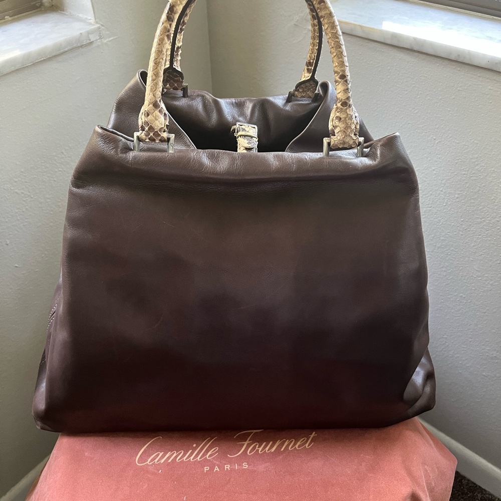 Camille Fournet Brown Leather Handbag with Crocodile Accents